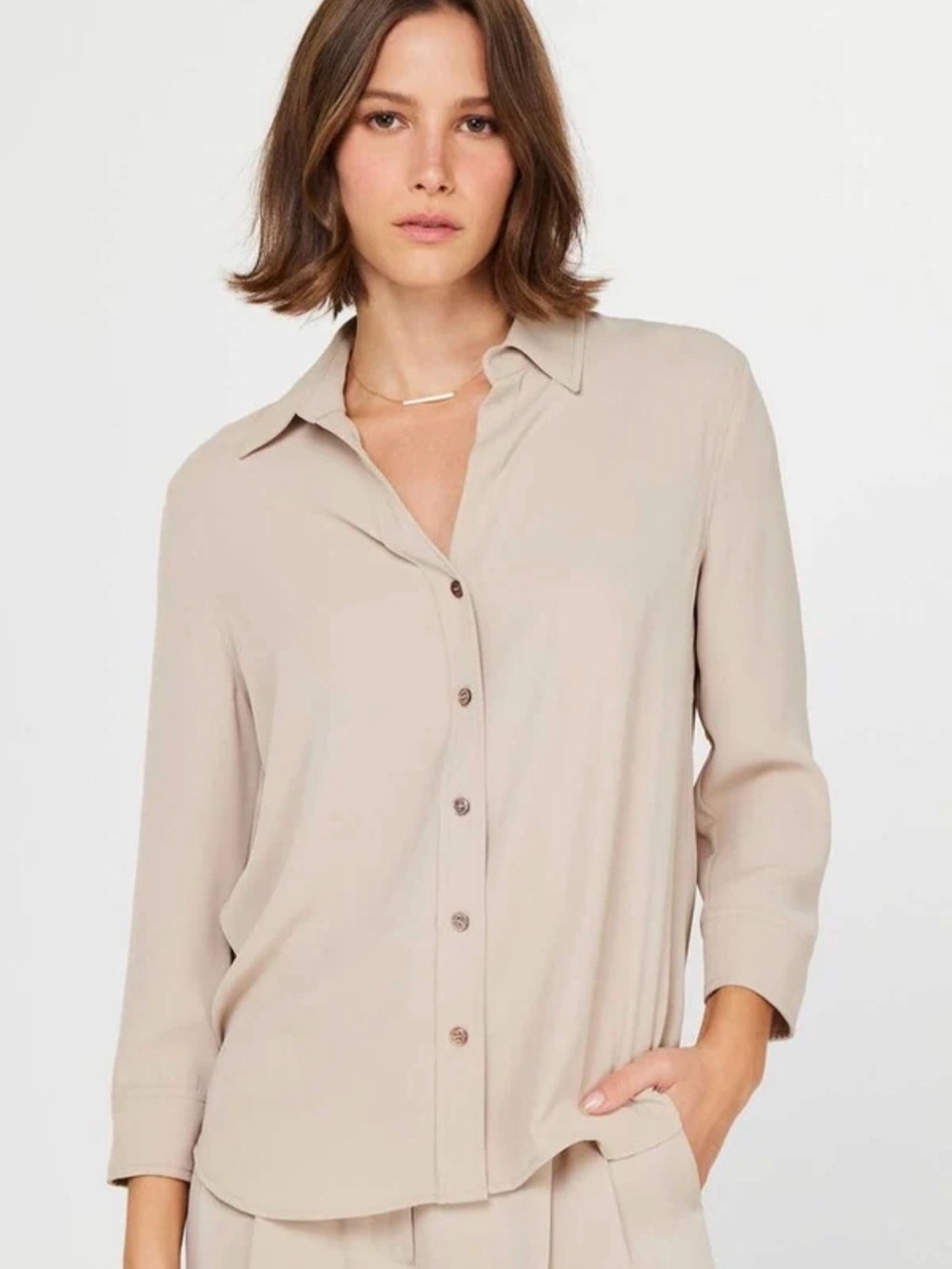 NWT Current Air Los Angeles Relaxed Button-Front Shirt in Beige